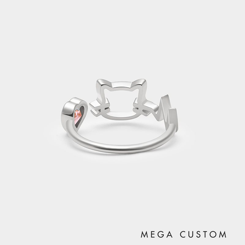 Personalized Cat-Themed Sterling Silver Ring – Custom Name and Birthstone Open Design Jewelry 925 Sterling Silver Gifts for Her