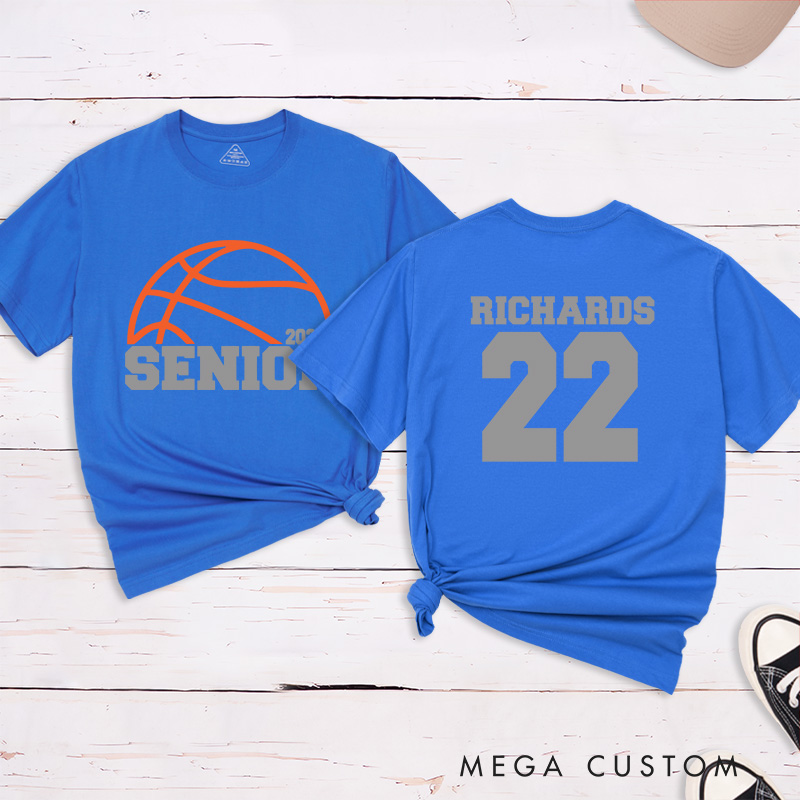 Personalized Senior Basketball T-Shirt with Custom Name, Jersey Number, Year, and School Spirit Campus Style Design