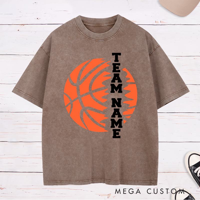 Personalized Washed T-Shirt Design Featuring Custom Team Name with Bold Vertical Text and Dynamic Basketball Graphic