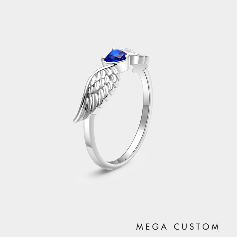 Personalized Sterling Silver Angel Wing Ring – Custom Name and Birthstone Elegant Jewelry Design