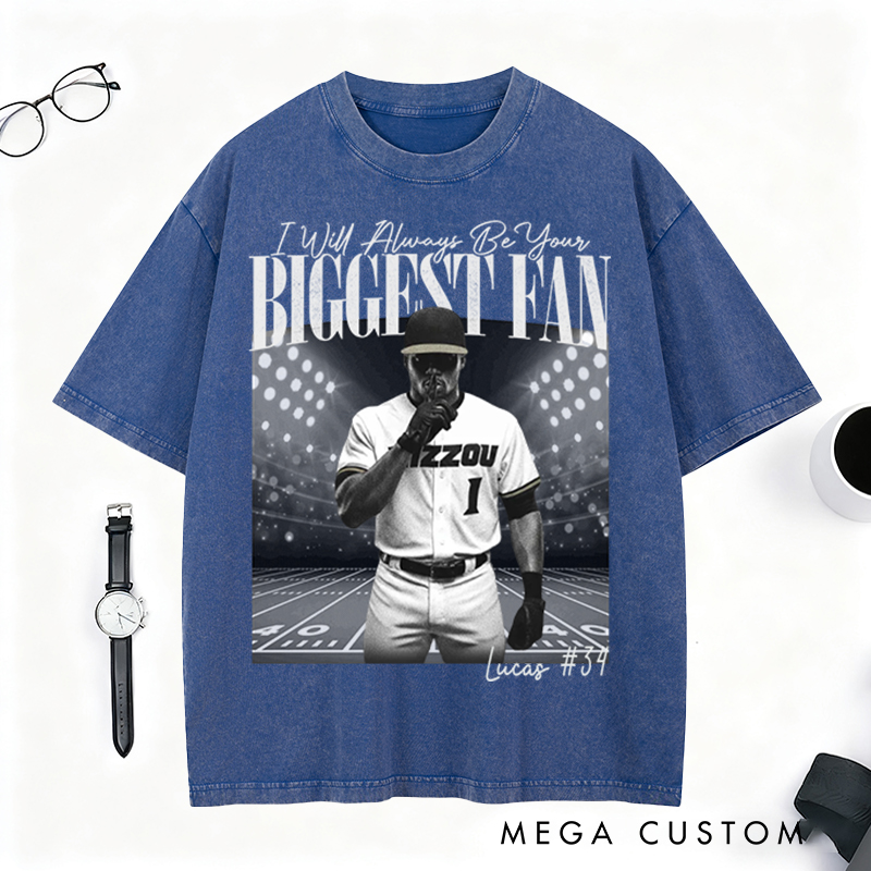 Personalized "I’ll Always Be Your Fan" Baseball Washed T-Shirt with Custom Photo and Name