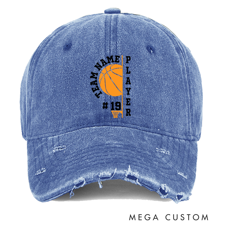 Personalized Distressed Denim Basketball Cap with Custom Team Name Player Title and Number Design