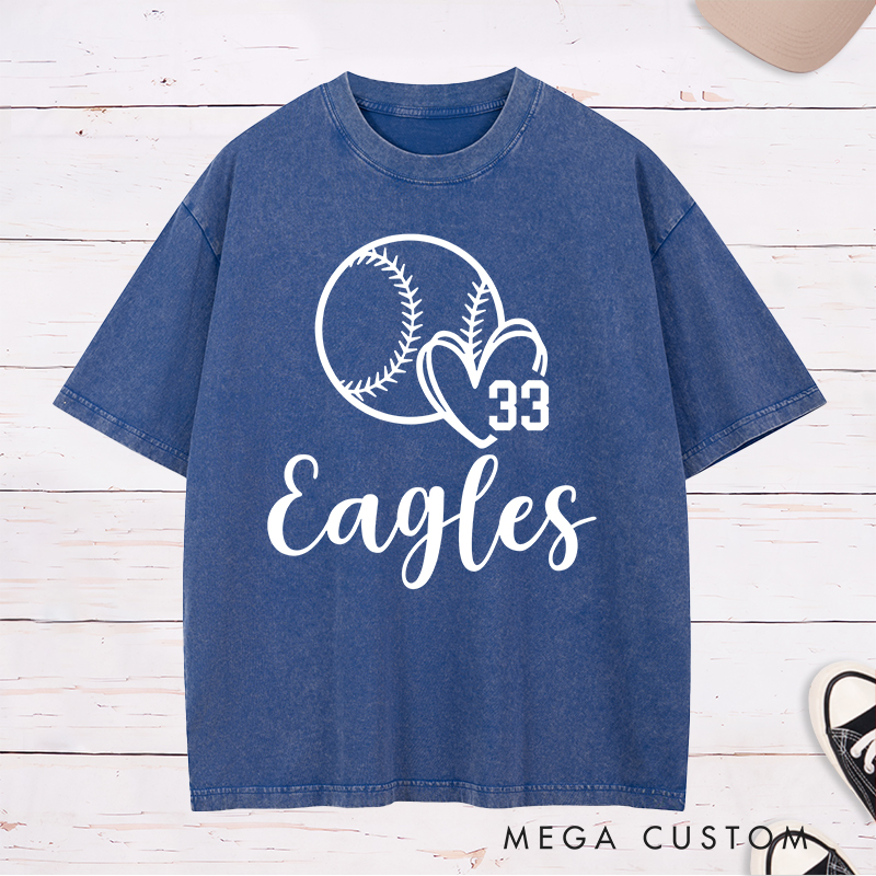 Personalized Softball Team Washed T-Shirt Design Featuring Customizable Team Name Heart and Player Number with Softball Graphic
