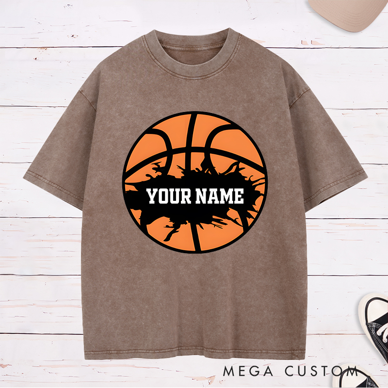 Personalized Washed T-Shirt Design Featuring a Bold Basketball Graphic with Splatter Effect and Customizable Name