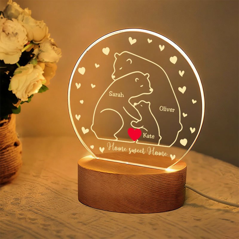 Personalized Heart Bear Family Acrylic LED Night Light with Wooden Base and Text Home Decor Gift for Mom Dad Family Bedroom Living Room Decor