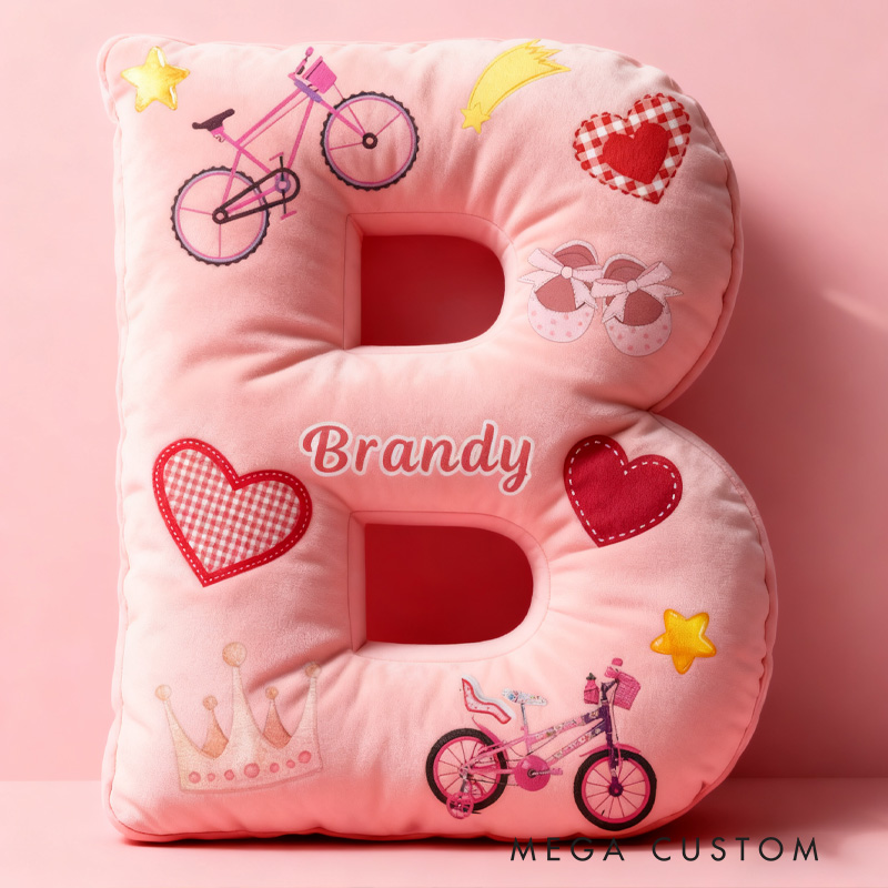 Personalized Cycling Pinky Heart Letter Pillow Graphic 3D Print Bow Letter Pillow Name Pillow Comfortable Travel Cushion for Riders Riding Lovers
