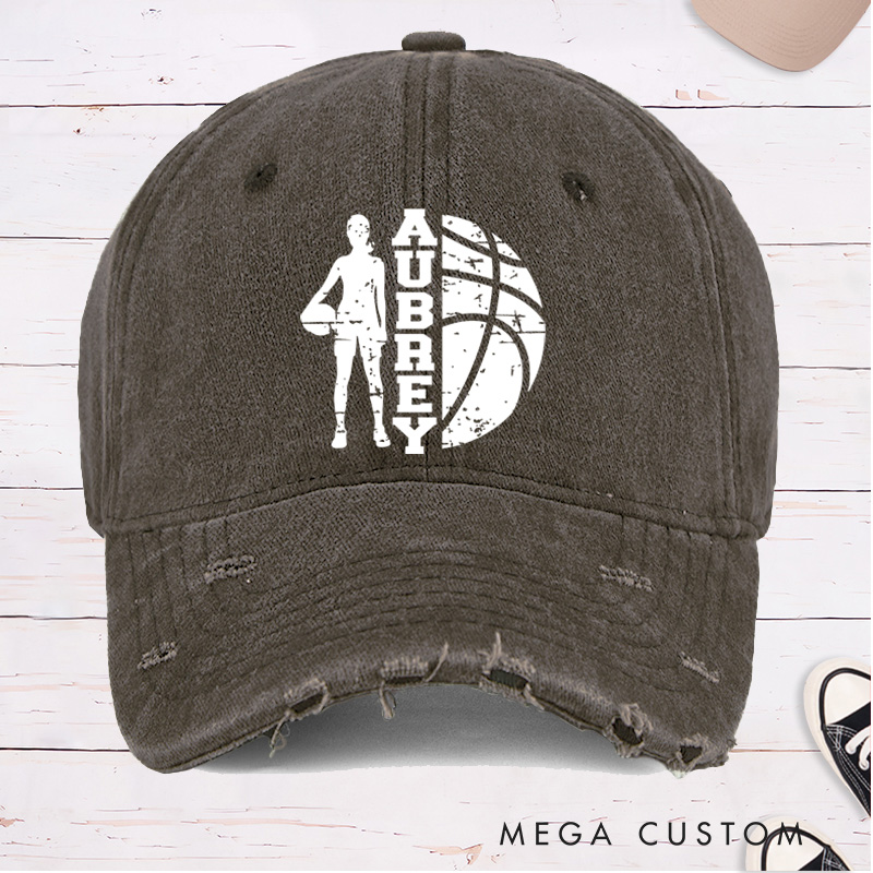 Personalized Distressed Denim Basketball Cap with Custom Name and Player Silhouette Design