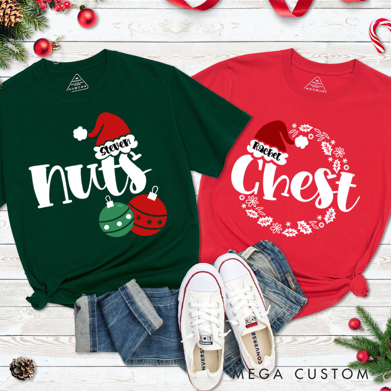 Personalized Couple Funny Nuts and Chest with Santa Hat T-Shirt Couple Xmas Matching T-Shirt for Husband Wife Boyfriend Girlfriend Tee Tops