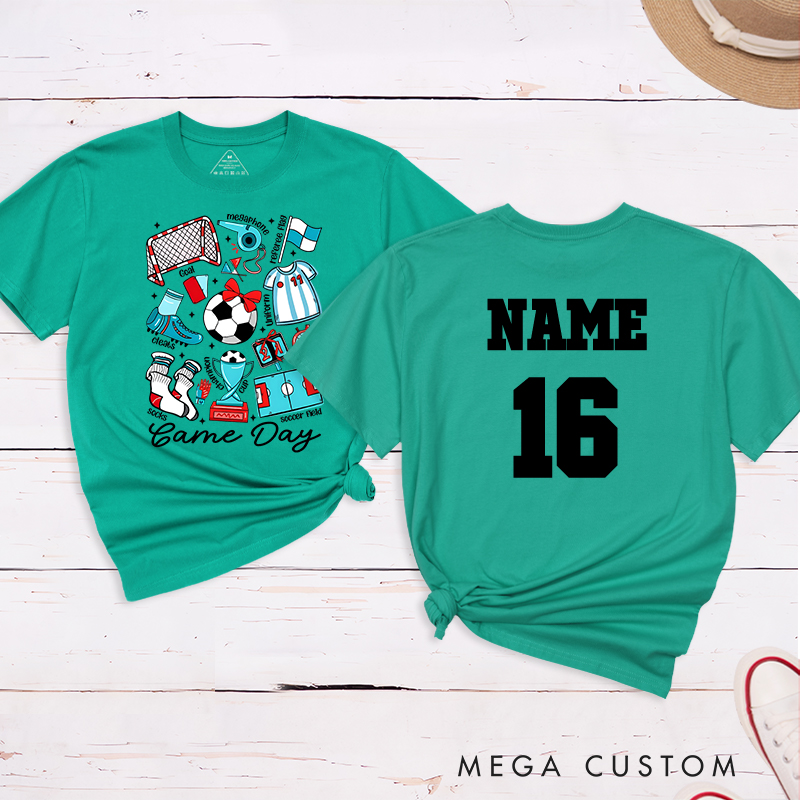 Personalized Game Day Soccer T-Shirt with Fun Illustrated Graphics and Custom Name and Number