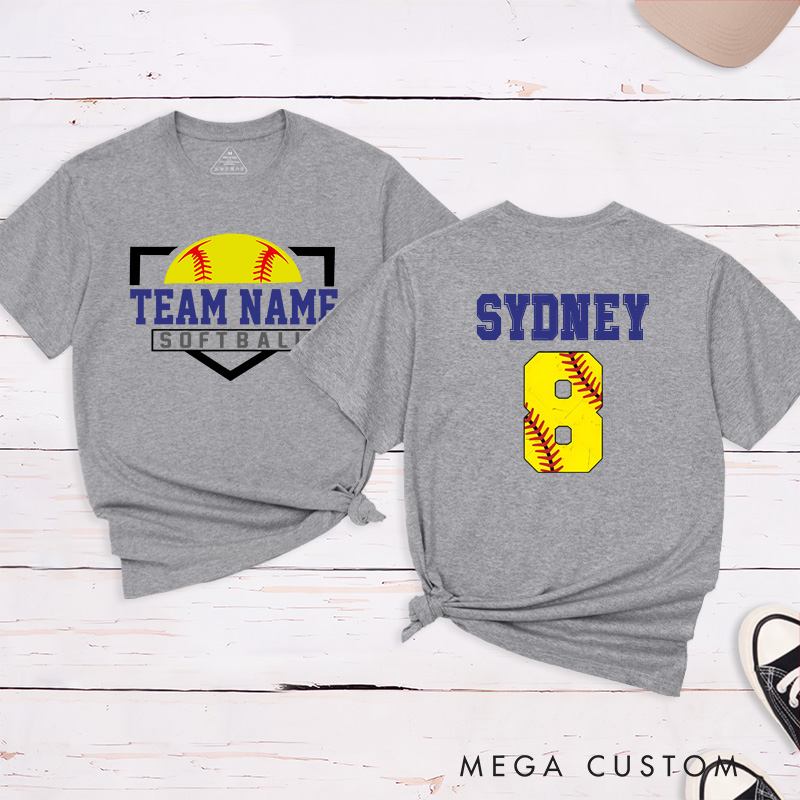 Personalized Softball T-Shirt Design Featuring Custom Team Name on the Front and Player Name with Jersey Number on the Back