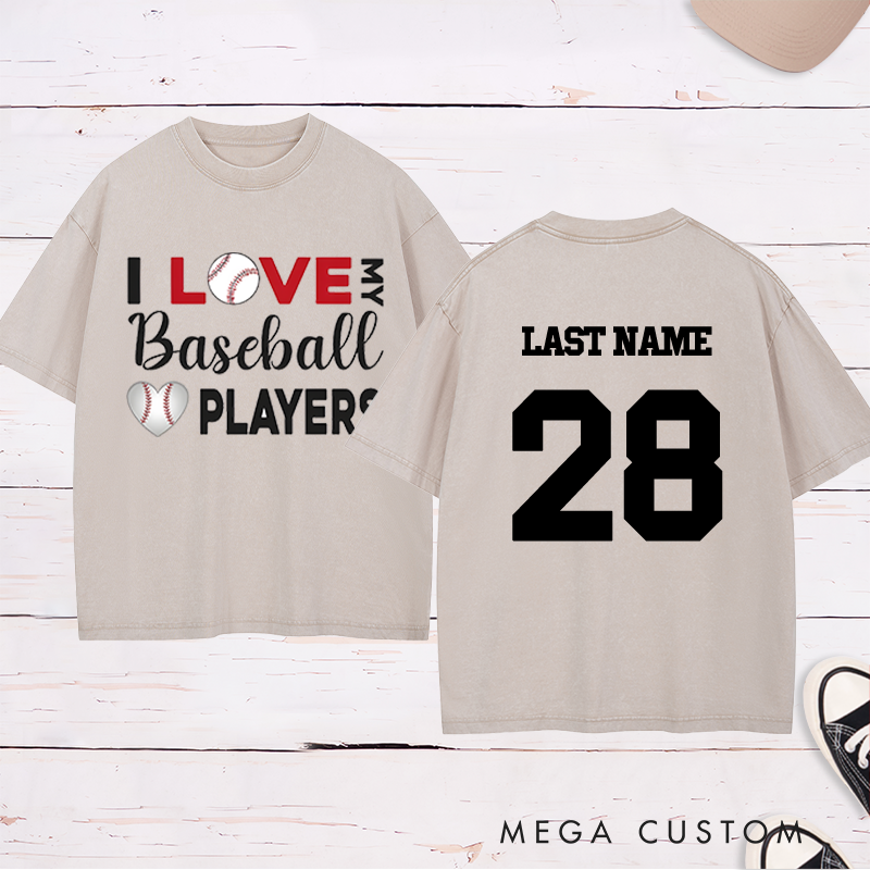 Personalized "I Love My Baseball Players" Washed T-Shirt with Custom Name and Number   