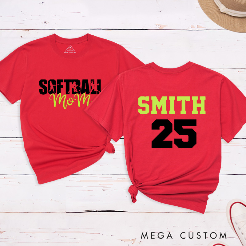 Personalized Softball Mom T-Shirt Design Featuring Bold Front Text with Stylish Script and Custom Name and Number on the Back