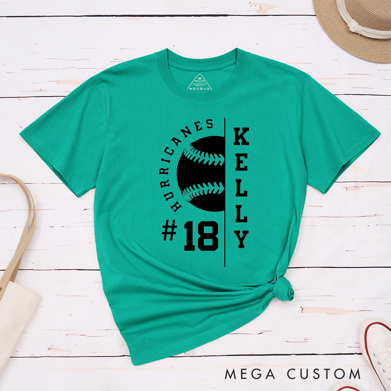 Personalized Baseball T-Shirt with Half Baseball Graphic and Custom Name and Number