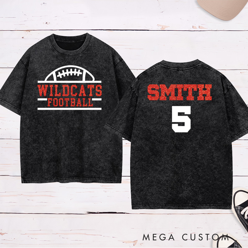 Personalized Glitter American Football and Rugby Washed T-Shirts with Custom Team Name and Number-Game Day Shirt