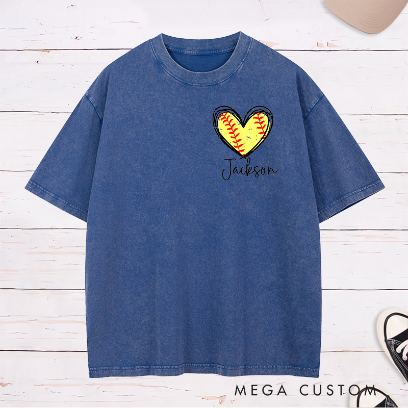 Personalized Softball Heart Washed T-Shirt Design Featuring Custom Name and Vibrant Softball Stitching Graphic