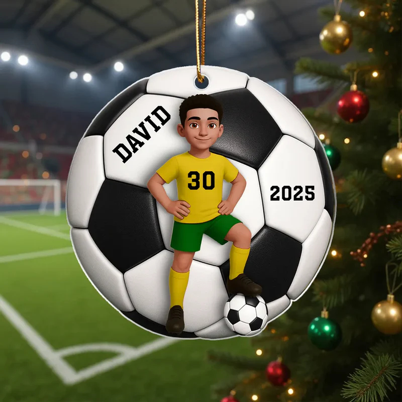 Personalized Soccer Christmas Ornament with Custom Name, Number, and Year Design