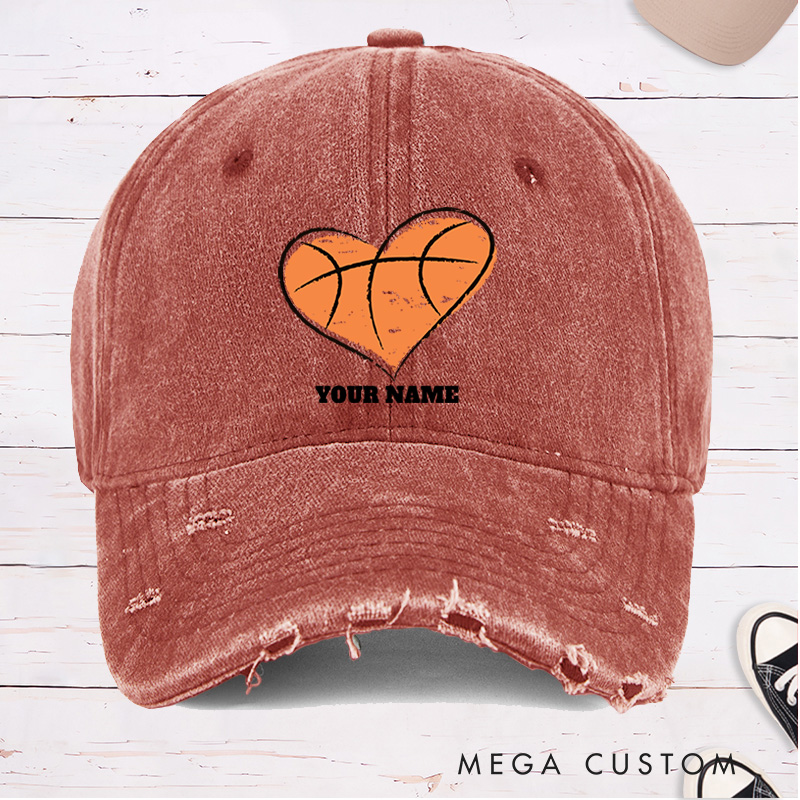 [Copy]Personalized Distressed Denim Basketball Cap with Vertical Team Name and Player Silhouette Design