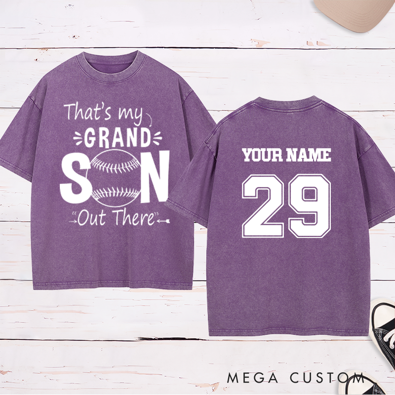 Personalized "That's My Grandson" Baseball Washed T-Shirt with Custom Name and Number