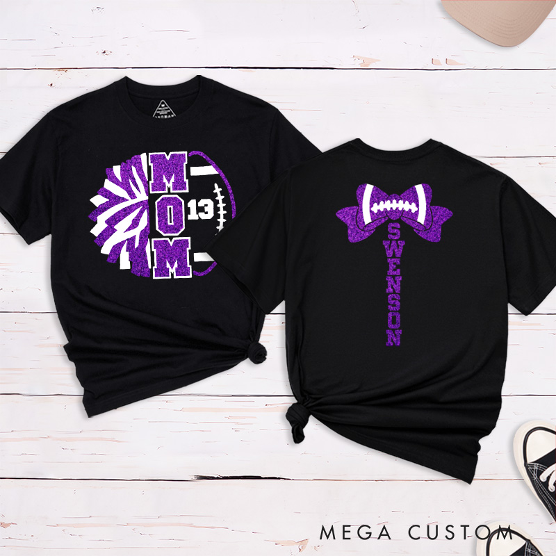 Personalized Glitter American Football and Rugby Cheer Mom T-Shirt with Custom Name on the Back and Number on the Front