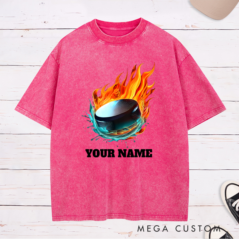 Personalized Flaming Hockey Puck Washed T-Shirt with Custom Name  