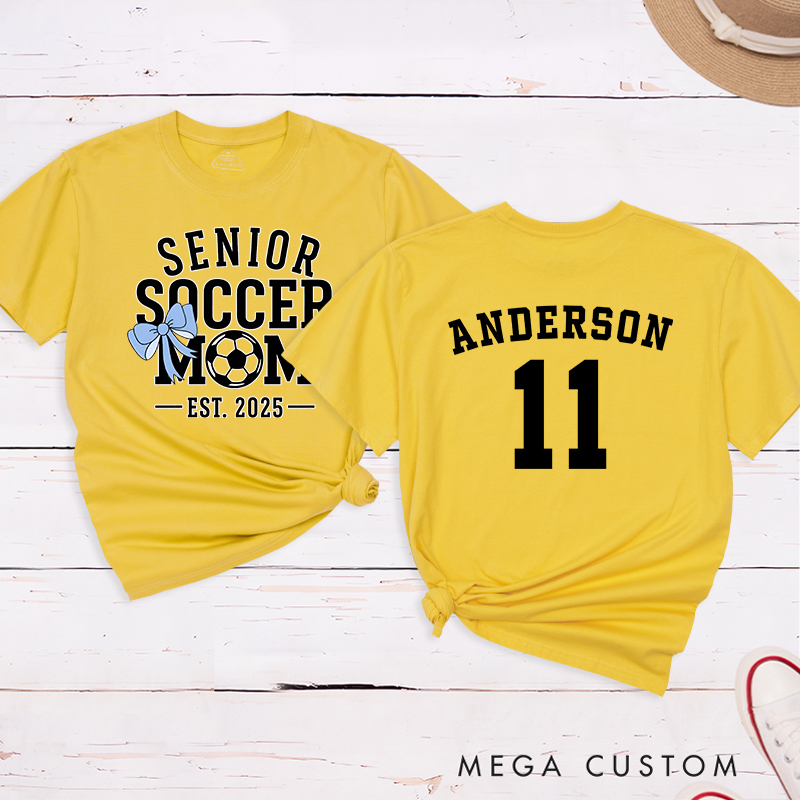 Personalized Senior Soccer Mom T-Shirt with Custom Name, Number, and Graduation Year