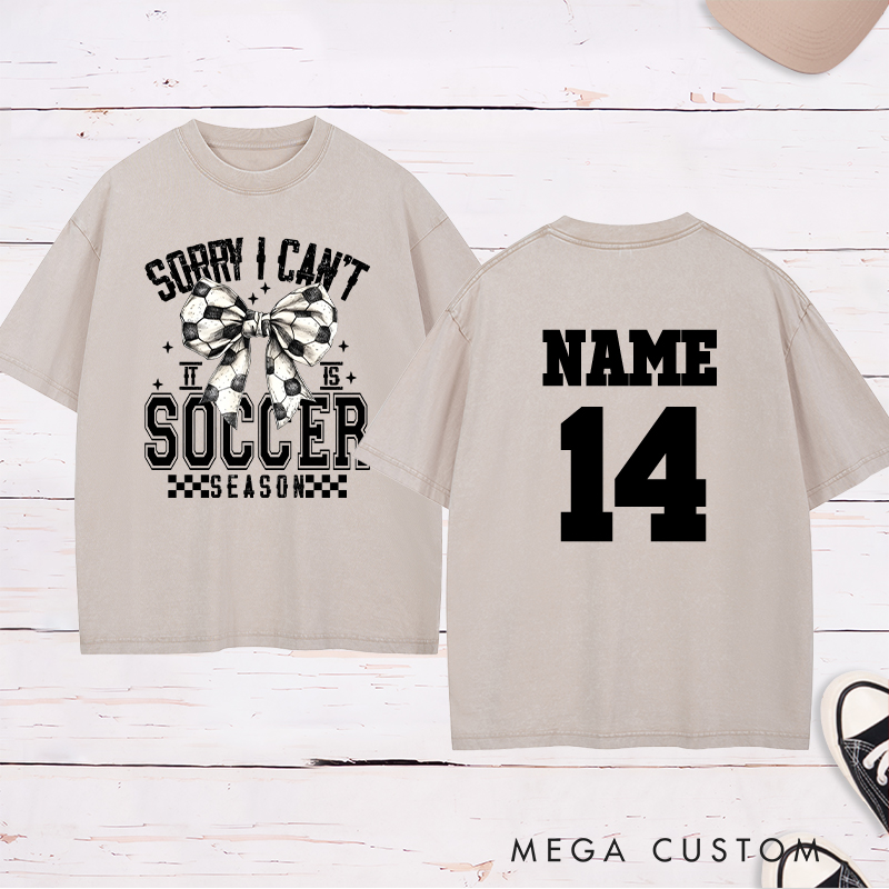 Personalized Soccer Season Washed T-Shirt with Stylish Bow Design and Custom Name and Number