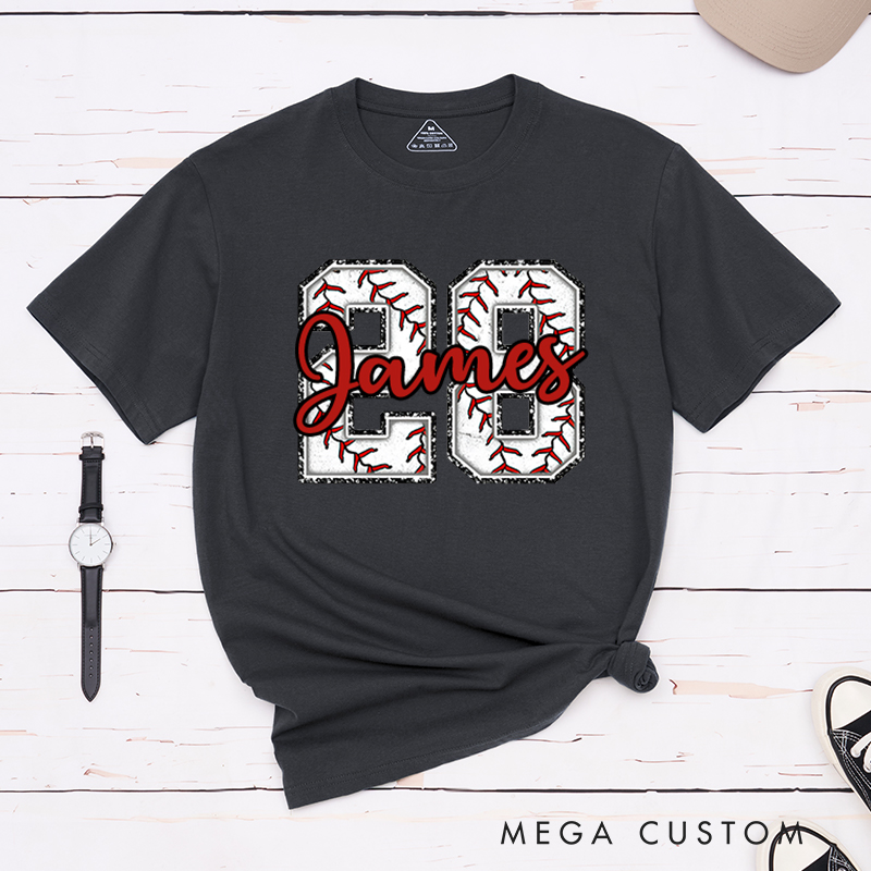 Personalized Baseball T-Shirt Featuring Distressed Numbers and Custom Name and Number