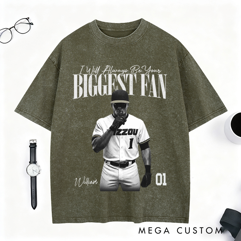 Personalized Biggest Fan Washed T-Shirt with Player Image and Name Customization