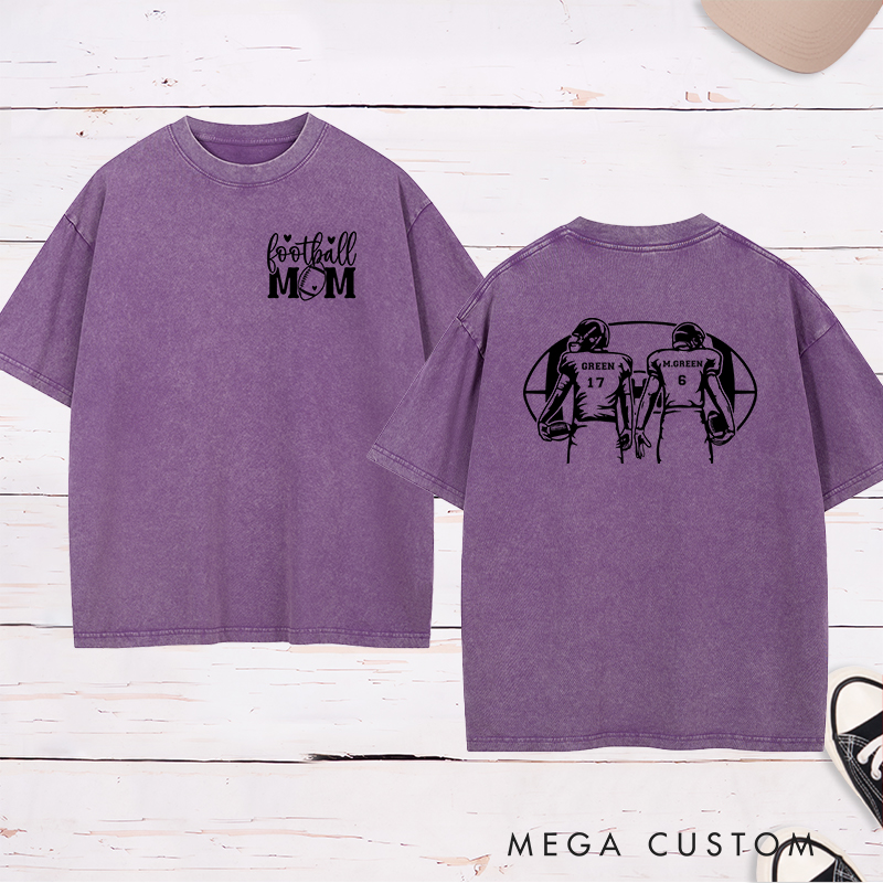 Personalized American Football Mom Washed T-Shirts with Custom 2 Player Name and Number