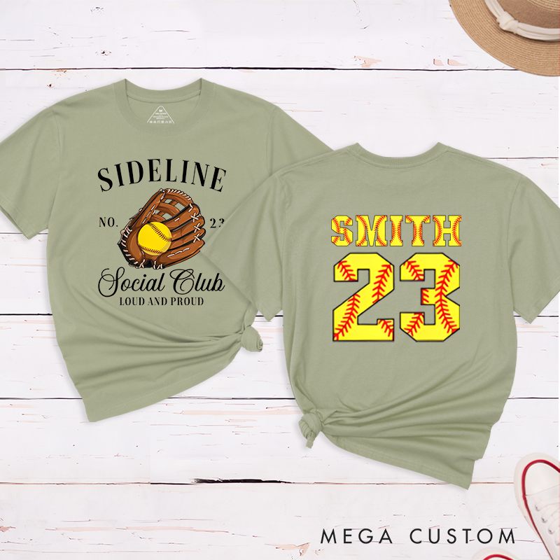 Personalized Softball Sideline Social Club T-Shirt with Custom Name and Number Perfect Gift for Proud Fans Supporters and Players