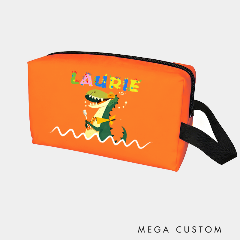 Personalized Fun Cartoon Dinosaur Brushing Teeth Print Toiletry Bag Custom Name for Kids Travel Gifts and Daily Use