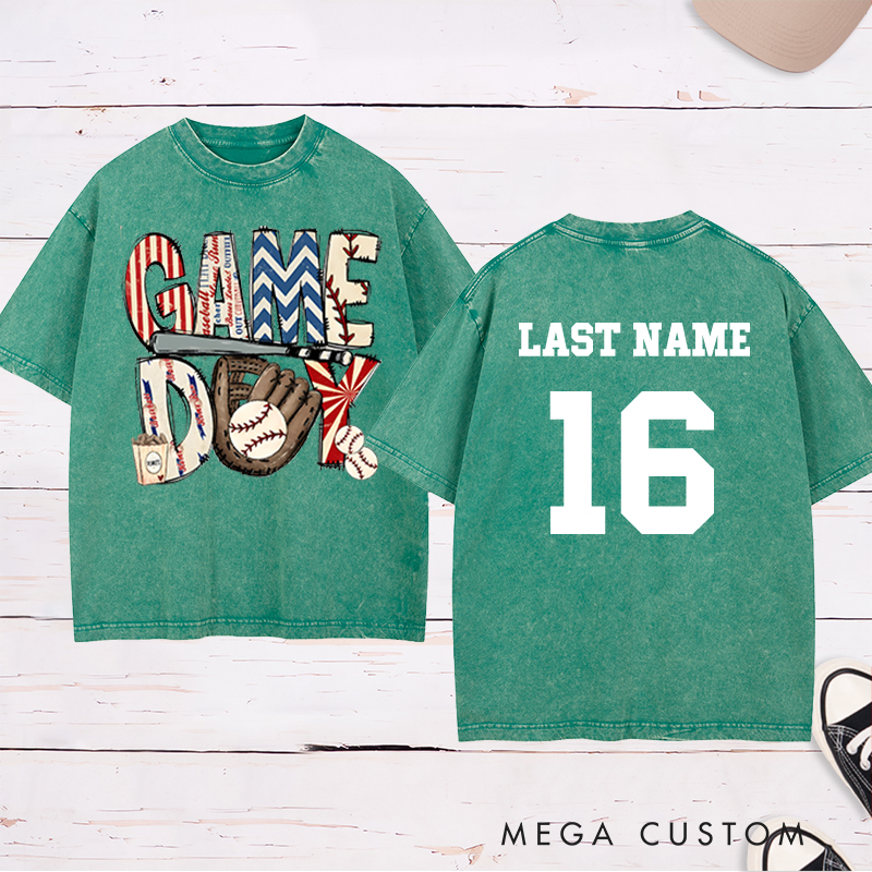 Personalized Patriotic "Game Day" Baseball Washed T-Shirt with Custom Name and Number   