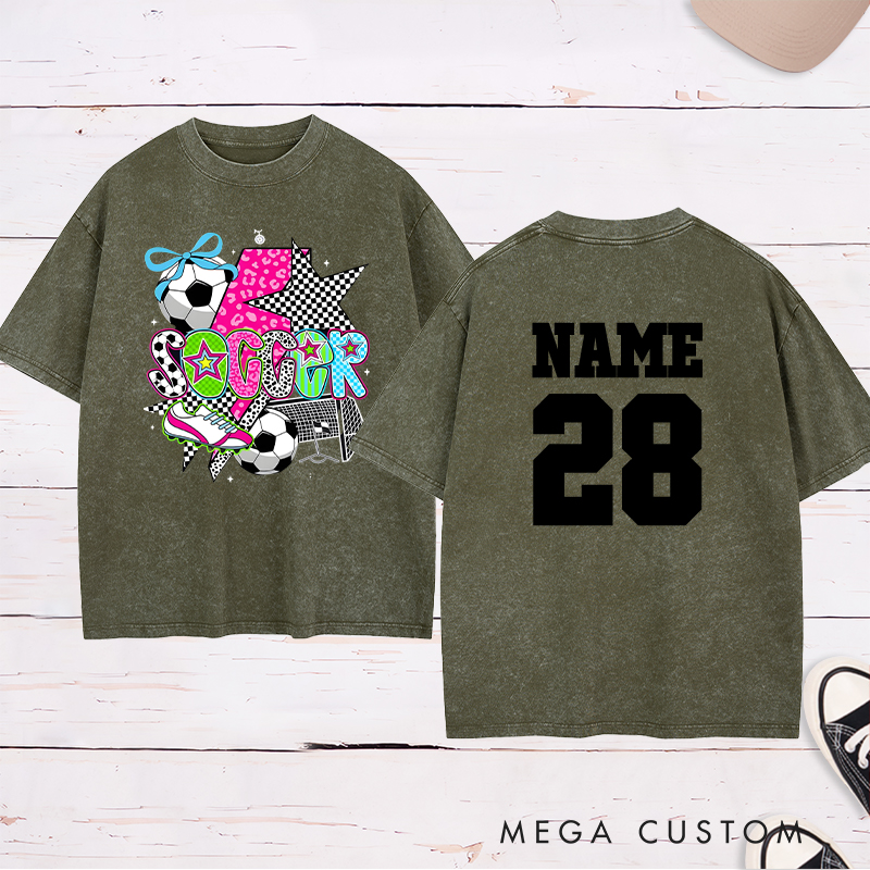 Personalized Star-Themed Soccer Washed T-Shirt with Custom Name and Number