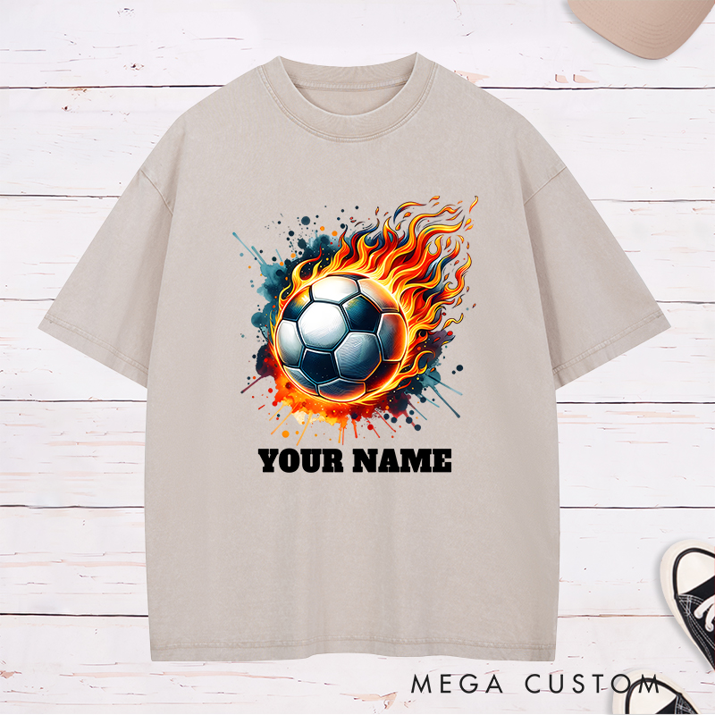 Personalized Flaming Soccer Ball Washed T-Shirt with Custom Name  