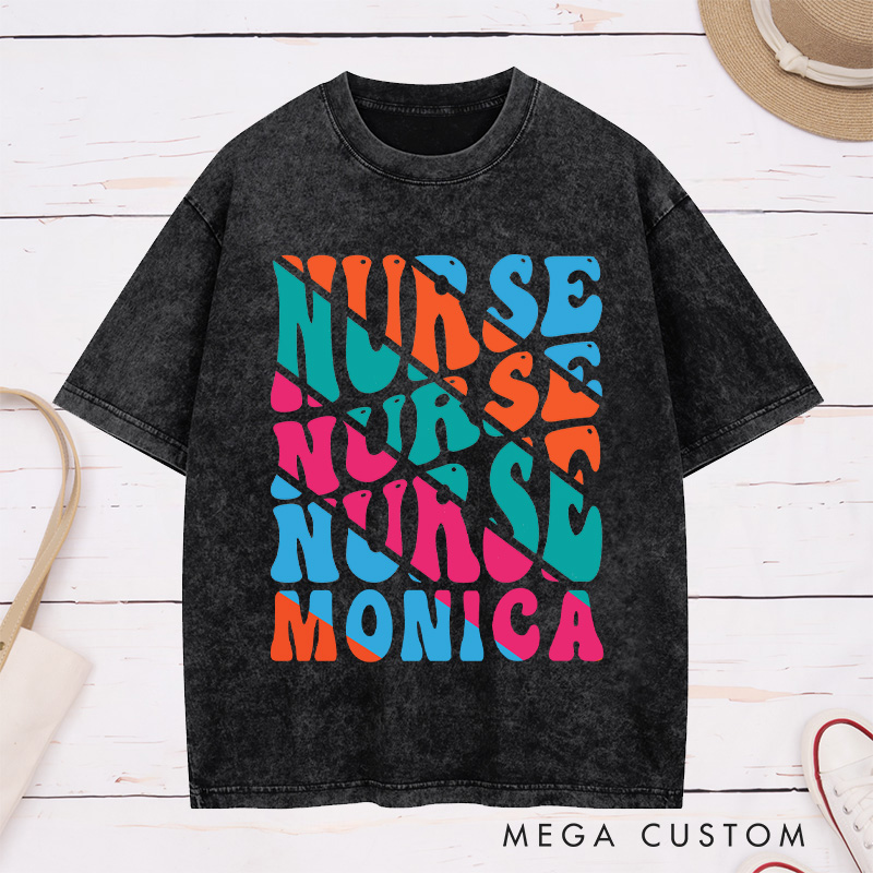 Personalized Nurse Washed T-Shirt Customized Bold Nurse Nurse Design Washed T-Shirt 