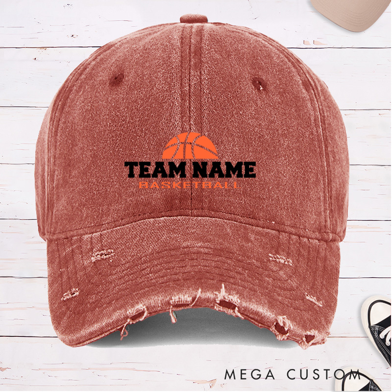 Personalized Distressed Denim Basketball Cap with Custom Team Name Design