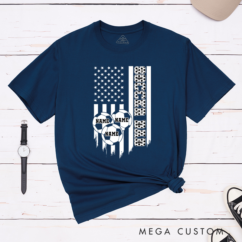 Personalized Soccer Dad T-Shirt with American Flag and Custom Name