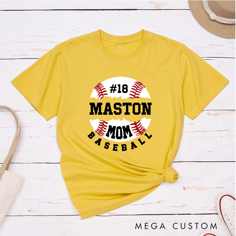 Personalized Baseball Mom T-Shirt with Custom Name and Player Number Design