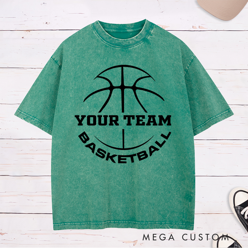 Personalized Washed T-Shirt Design Featuring a Basketball Outline with Customizable Team Name