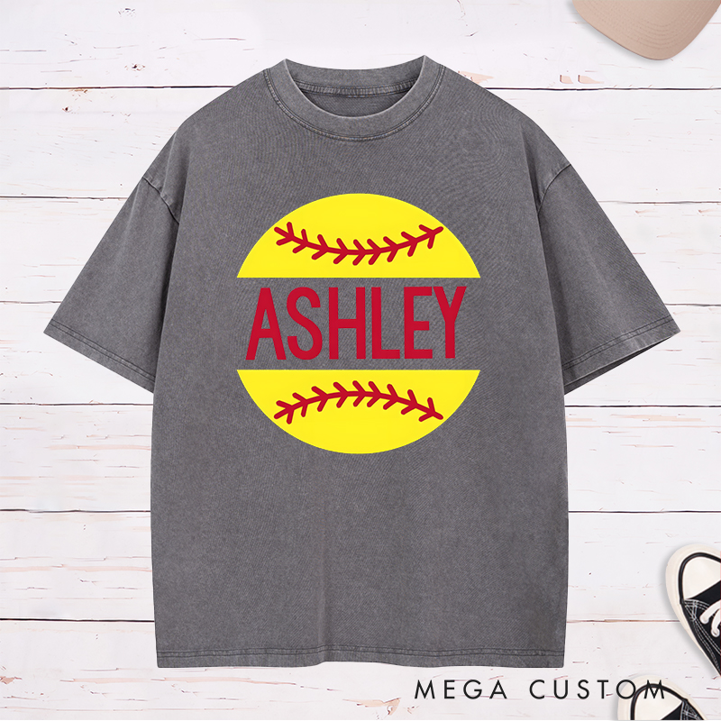 Personalized Softball Washed T-Shirt Design Featuring Custom Name Bold Text and Bright Softball Graphic