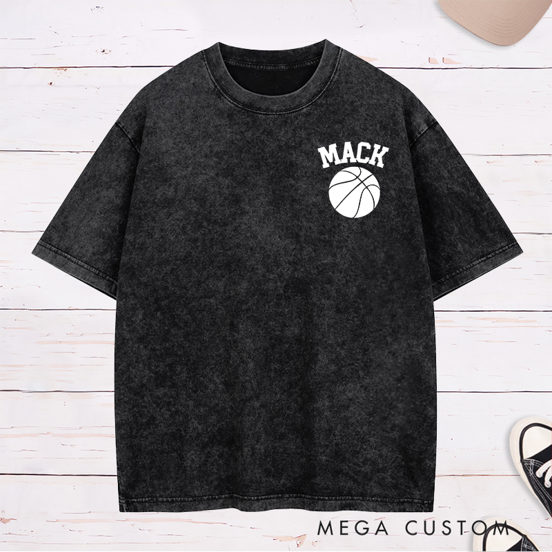 Personalized Washed T-Shirt Design Featuring Bold Custom Name and Basketball Graphic for a Classic Sporty Look