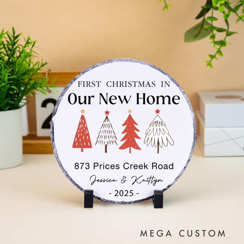 Personalized First Christmas in Our New Home Decorative Plaque Custom Festive Tree Design with Address and Names Tabletop Display Perfect for Housewarming Gift Keepsake