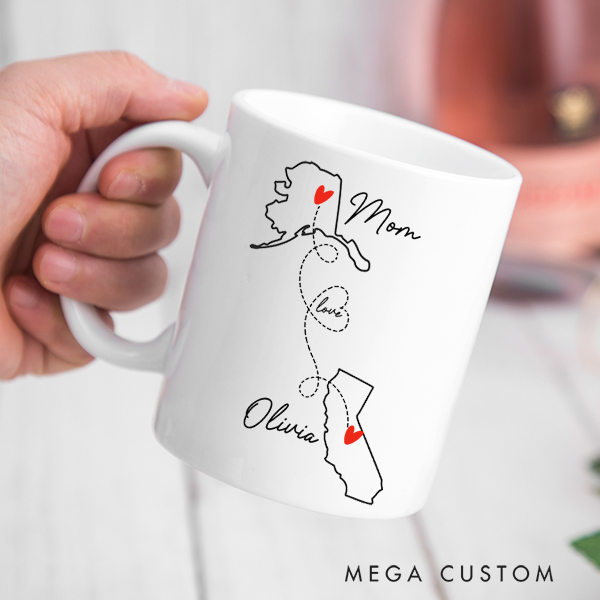 Personalized Mother Daughter Long Distance State Mug Hearts Over Cities Daughter Gift Housewarming Gift Moving Away Gift For Mom and Daughter Mother