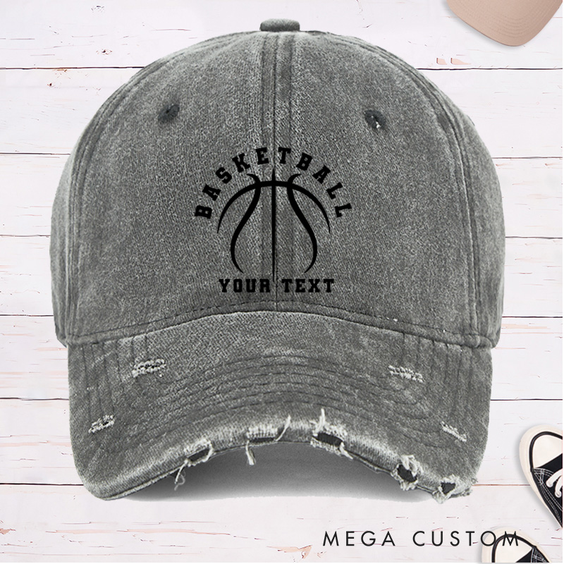 Personalized Distressed Denim Basketball Cap with Custom Text and Basketball Graphic Design