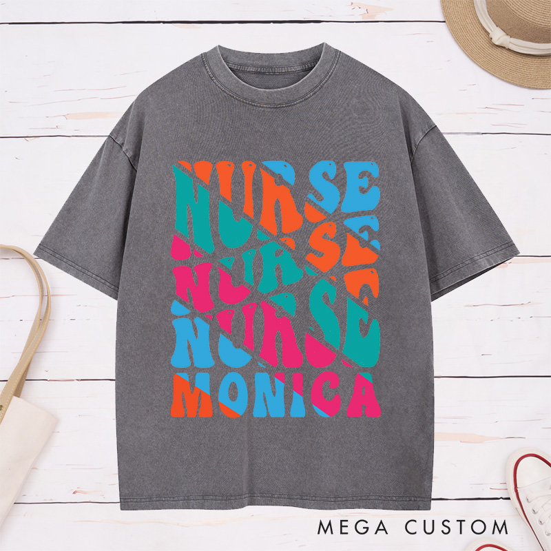 Personalized Nurse Washed T-Shirt Customized Bold Nurse Nurse Design Washed T-Shirt 
