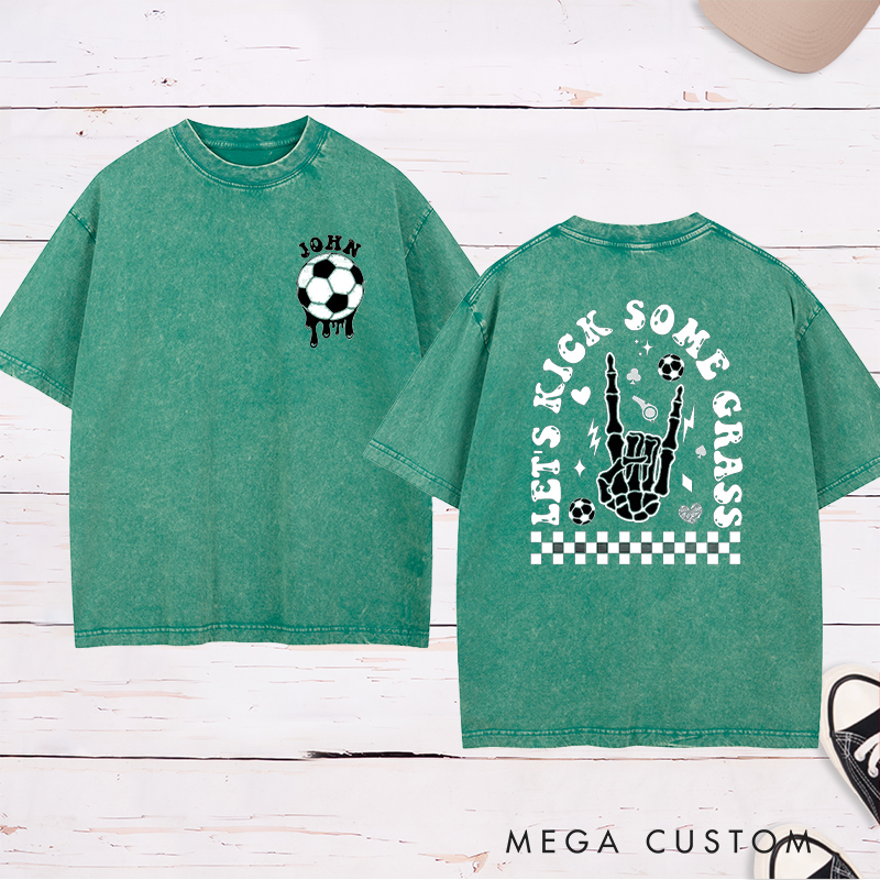 Personalized "Let's Kick Some Grass" Washed T-Shirt with Custom Name 