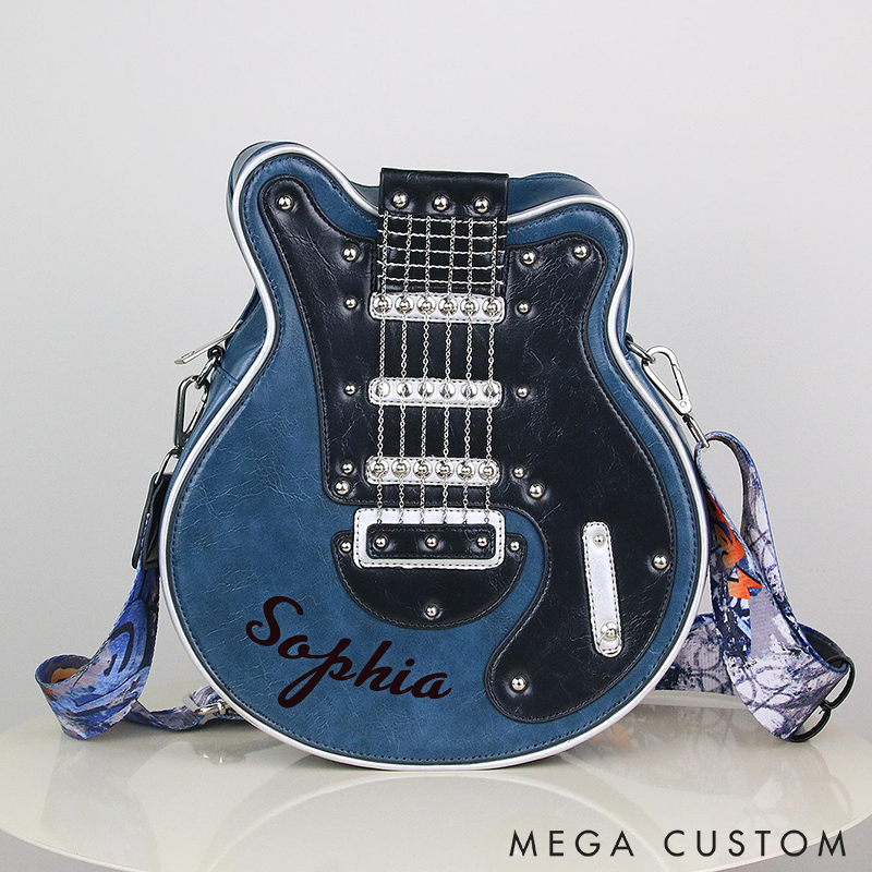 Personalized Guitar-Shaped Crossbody Bag Small Guitar Bag for Women Bass Guitars Unique Shoulder Crossbody Purse with Chain Rivet Decor and Contrast Wide Strap Custom Name Perfect for Music Lovers
