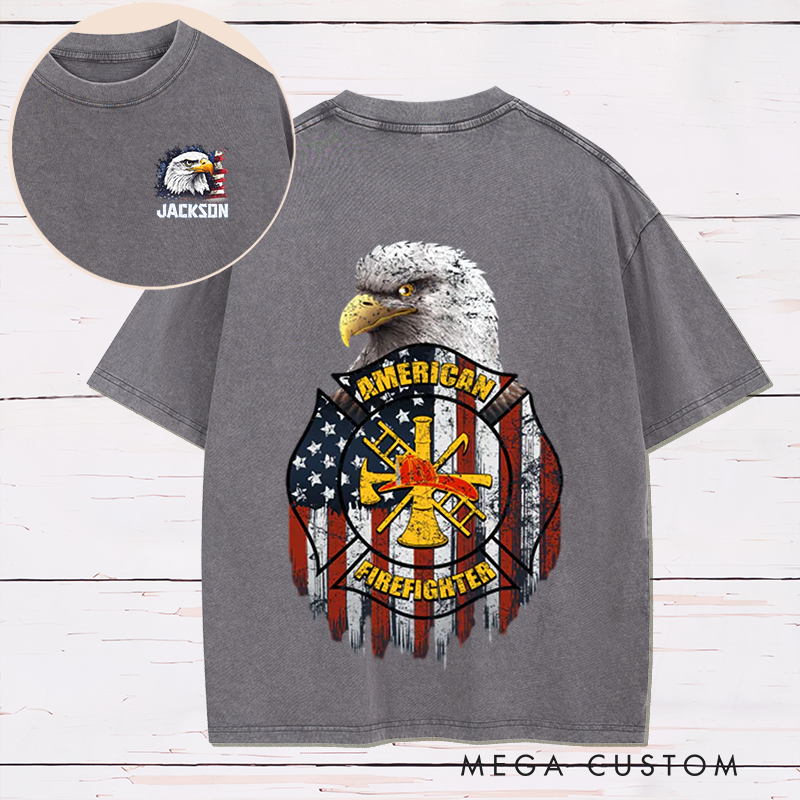 Personalized Firefighter Washed T-Shirt American Firefighter Bald Eagle and Flag Patriotic Design Unique Gift for Firefighters