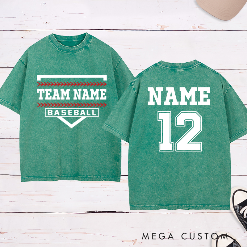 Personalized Team Baseball Washed T-Shirt with Shield Design and Custom Name and Number