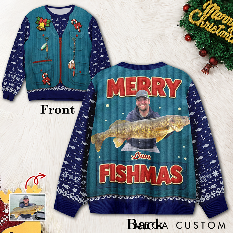 Personalized Merry Fishmas Ugly Sweater Christmas Ugly Sweater Custom Fishing Photo Design Funny Holiday Gift for Fishing Lovers